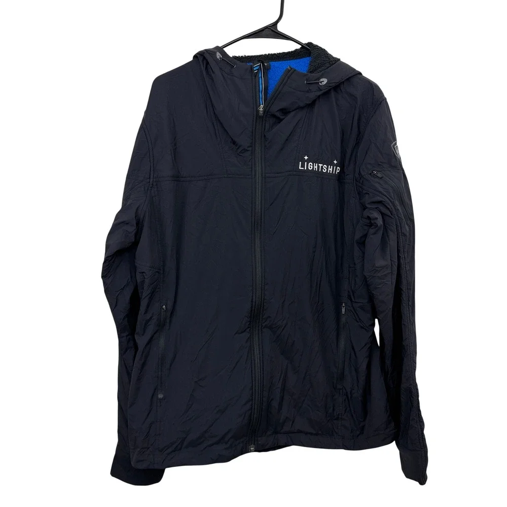 KUHL Jacket Mens Large Black The One Hooded Fleece Lined Windproof Zip LOGO
